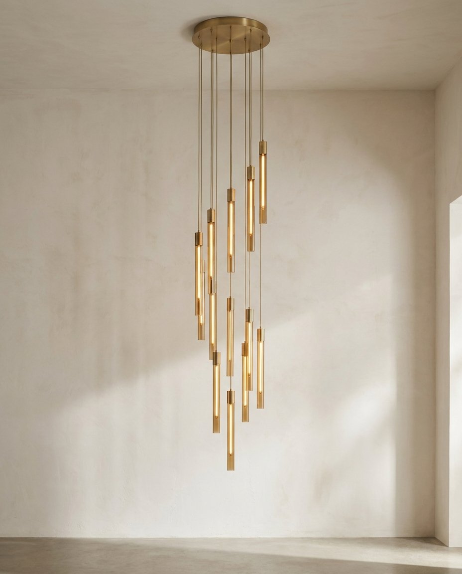 Bespoke studio lighting piece — brass-wrapped pendant chandelier