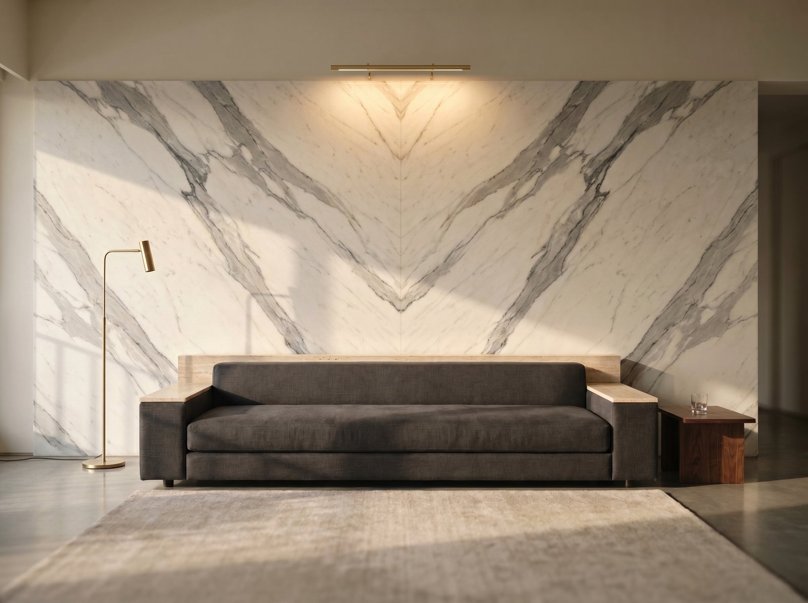 The same living room with the feature wall clad in bookmatched Calacatta marble and a brass picture light