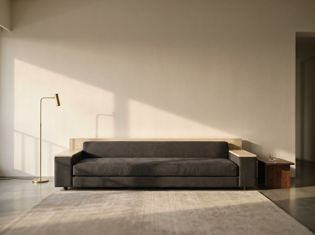 A modern Mumbai apartment living room with an empty plaster feature wall behind a charcoal sofa